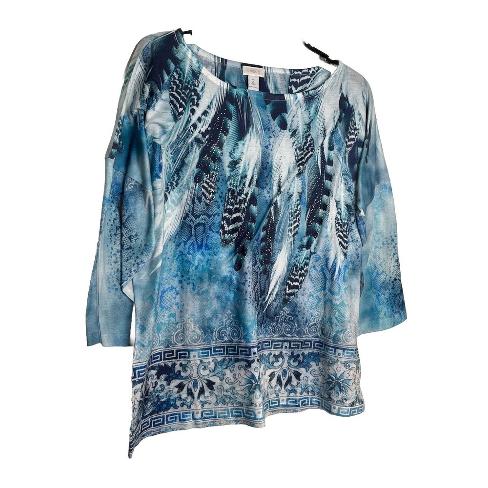 Chicos Feather Art Print Boho Blue Rhinestone Top Blouse sz 2 / L (15)